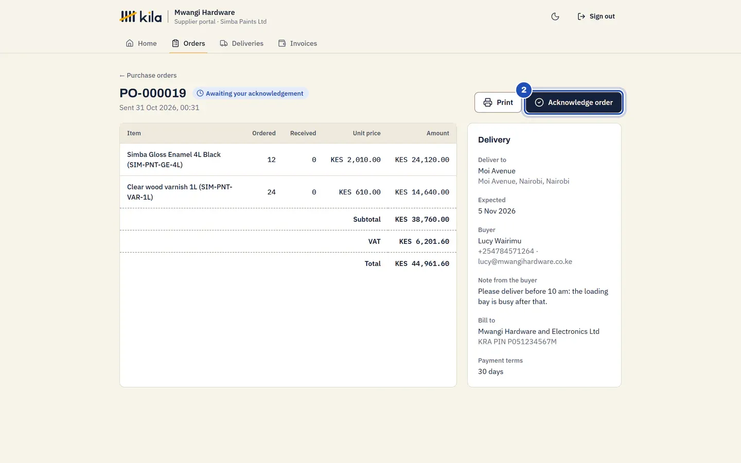 A purchase order from Mwangi Hardware, Awaiting your acknowledgement: the items and total, the delivery details with the buyer's note, and Acknowledge order marked 2.