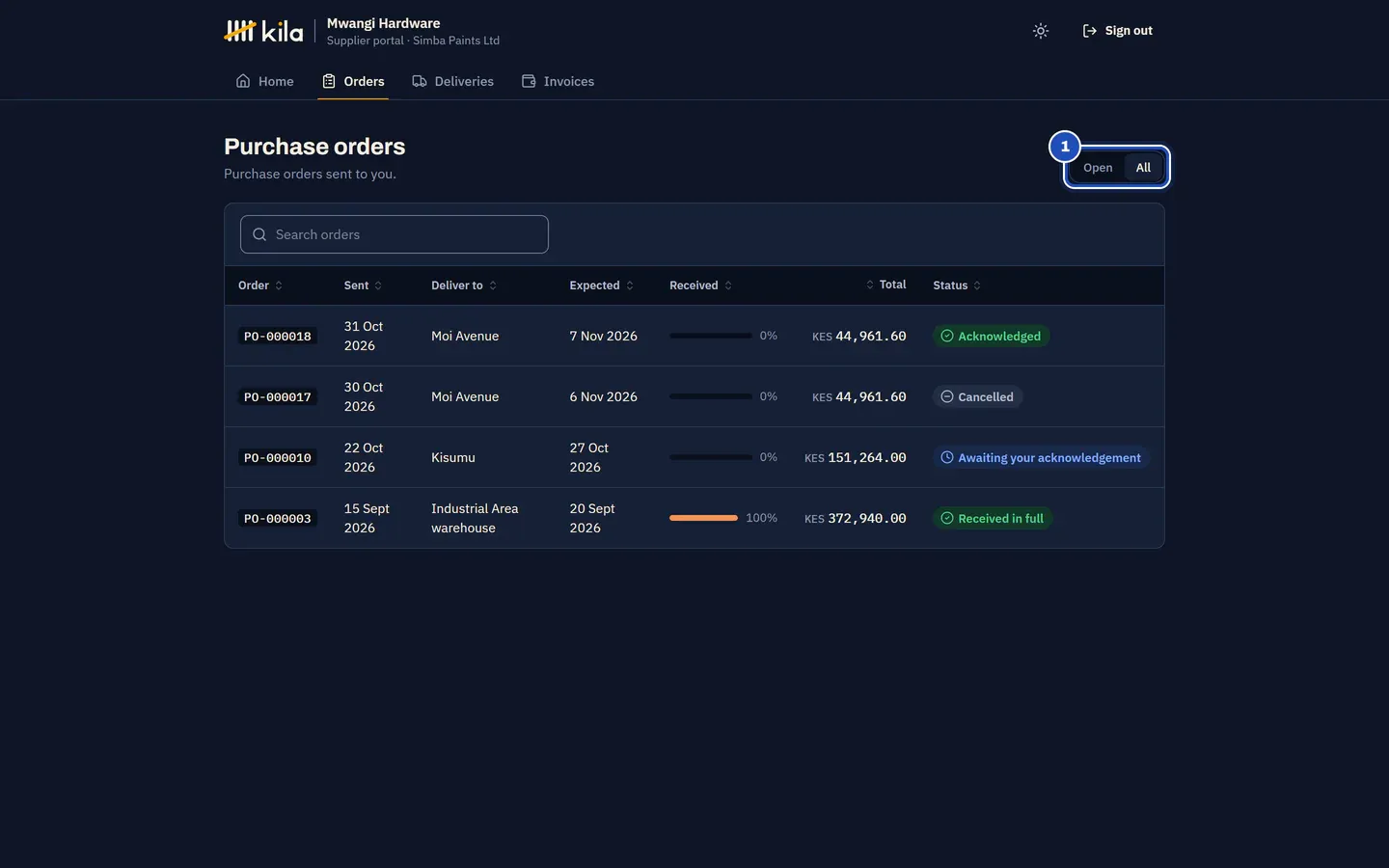 Purchase orders: Open and All (1), and each order with when it was sent, where to deliver it, the date expected, how much has been received and its status.
