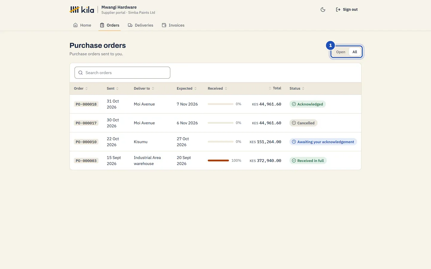 Purchase orders: Open and All (1), and each order with when it was sent, where to deliver it, the date expected, how much has been received and its status.