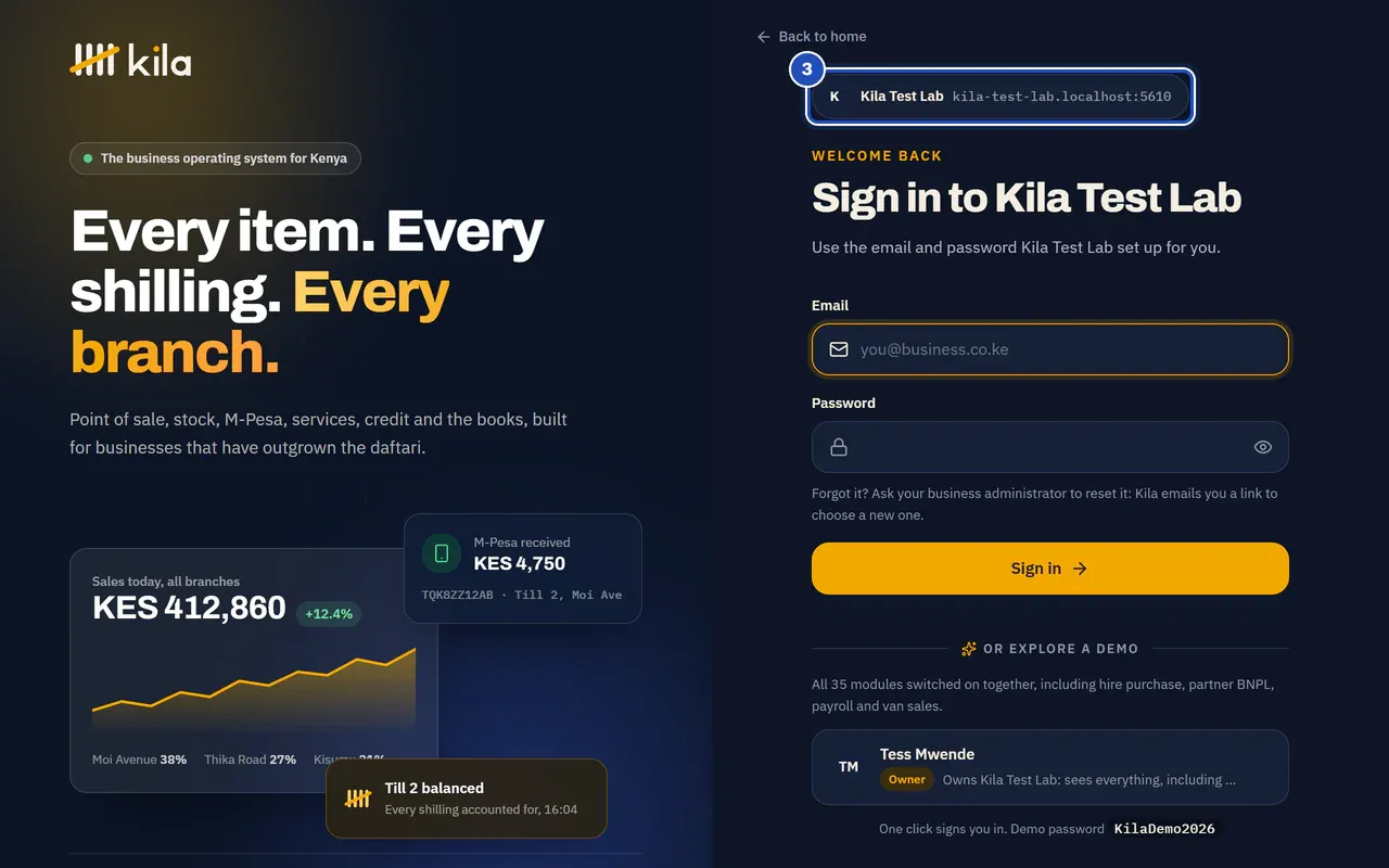 Kila Test Lab's own sign-in page: Sign in to Kila Test Lab, with the business and its address at the top marked 3.