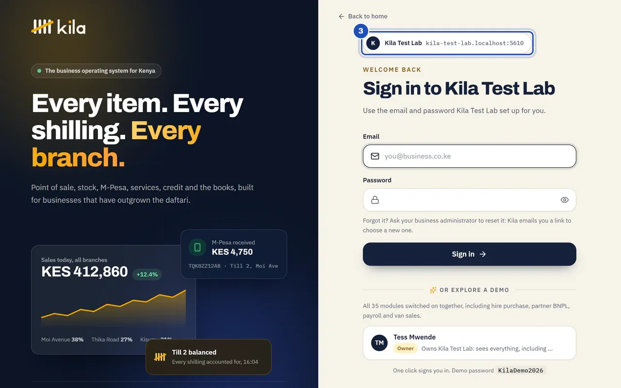 Kila Test Lab's own sign-in page: Sign in to Kila Test Lab, with the business and its address at the top marked 3.
