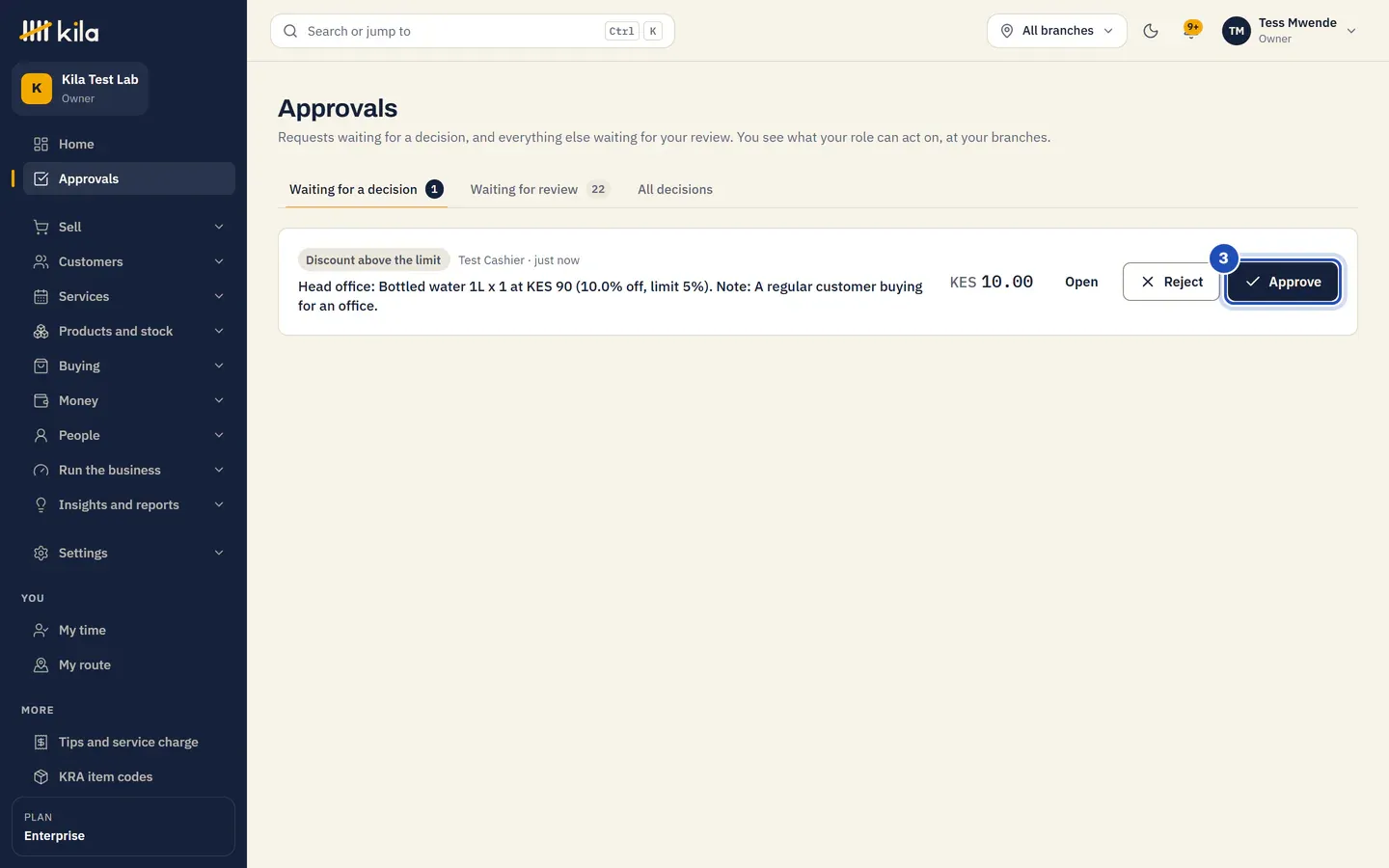 Tess Mwende's Approvals: the same discount from Test Cashier, with Reject and Approve. Approve is marked 3.