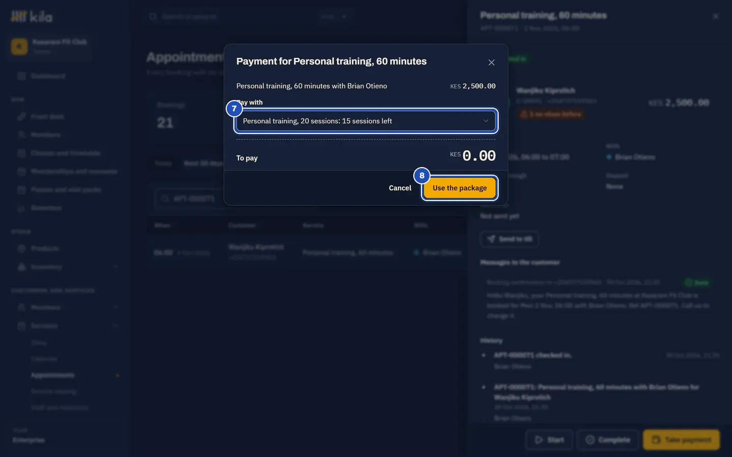 Payment for Personal training, 60 minutes with Brian Otieno, KES 2,500.00: Pay with is set to the member's personal training package with 16 sessions left, marked 7, To pay KES 0.00, and Use the package marked 8.