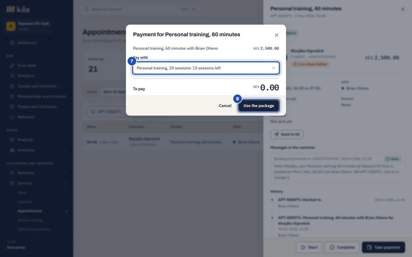 Payment for Personal training, 60 minutes with Brian Otieno, KES 2,500.00: Pay with is set to the member's personal training package with 16 sessions left, marked 7, To pay KES 0.00, and Use the package marked 8.