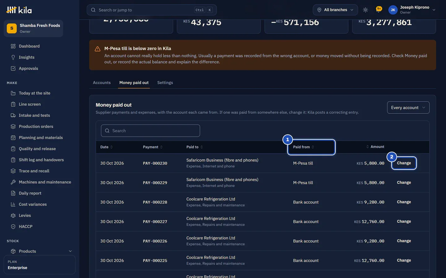 Money paid out: each payment with the account it came from, Paid from (1), and Change (2).