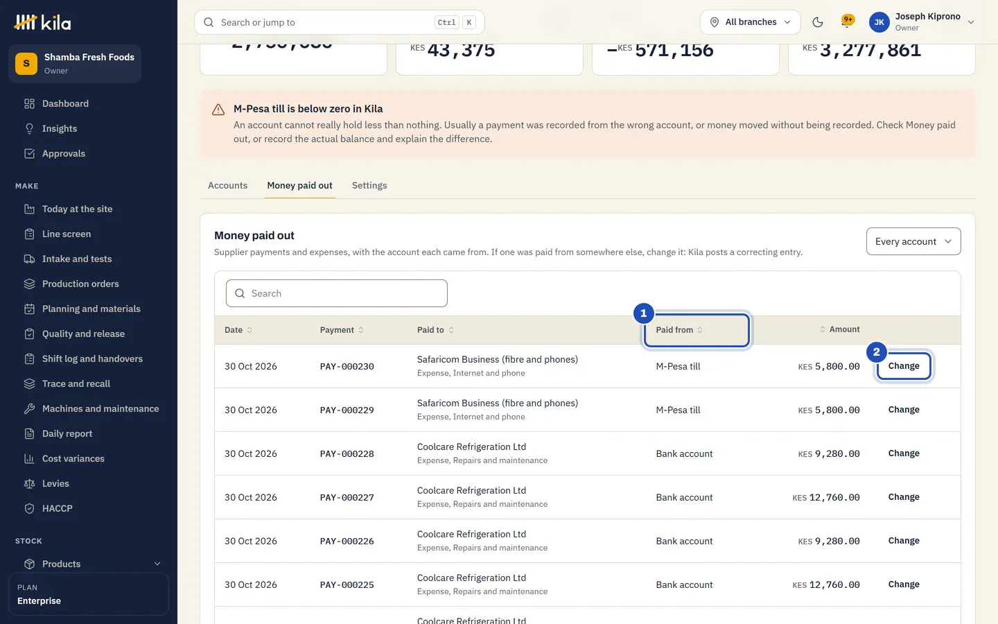 Money paid out: each payment with the account it came from, Paid from (1), and Change (2).