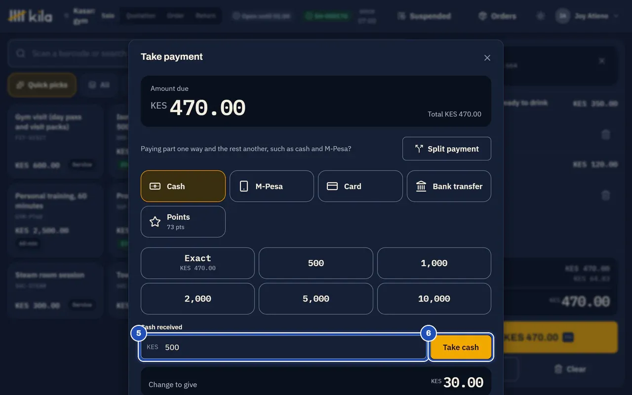 Paying KES 470.00 by cash: KES 500 typed in Cash received, marked 5, and Take cash marked 6.