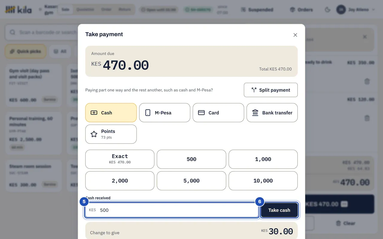 Paying KES 470.00 by cash: KES 500 typed in Cash received, marked 5, and Take cash marked 6.