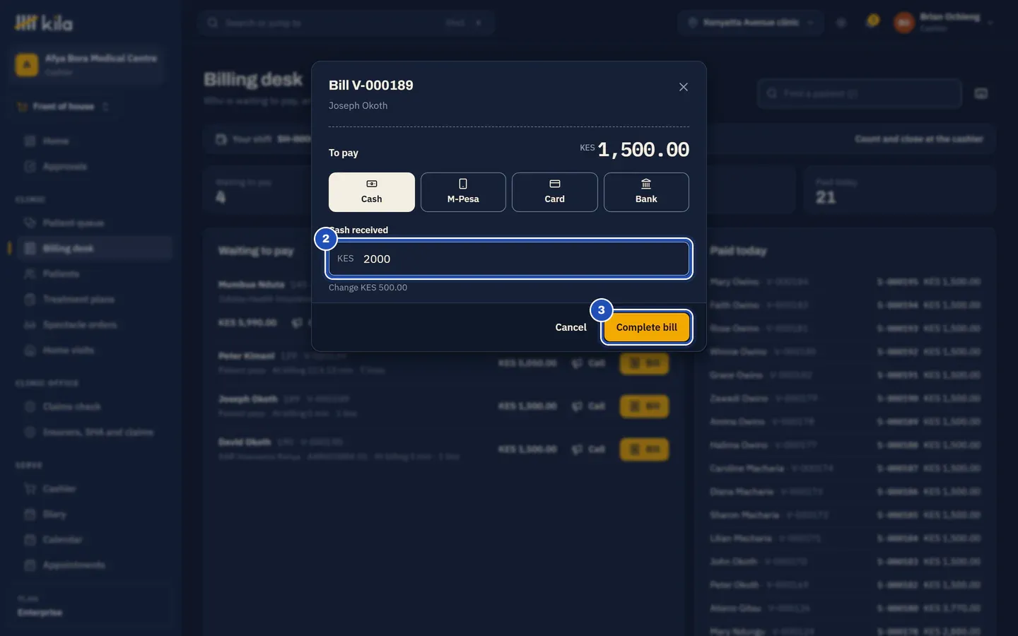 The bill for KES 1,500.00 paid in cash: Cash received KES 2,000 (2) with Change KES 500.00, and Complete bill (3).