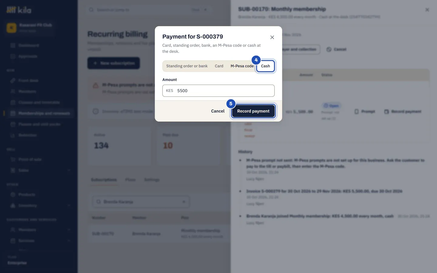 Payment for the invoice: Cash chosen (4), the amount KES 5500, and Record payment marked 5.