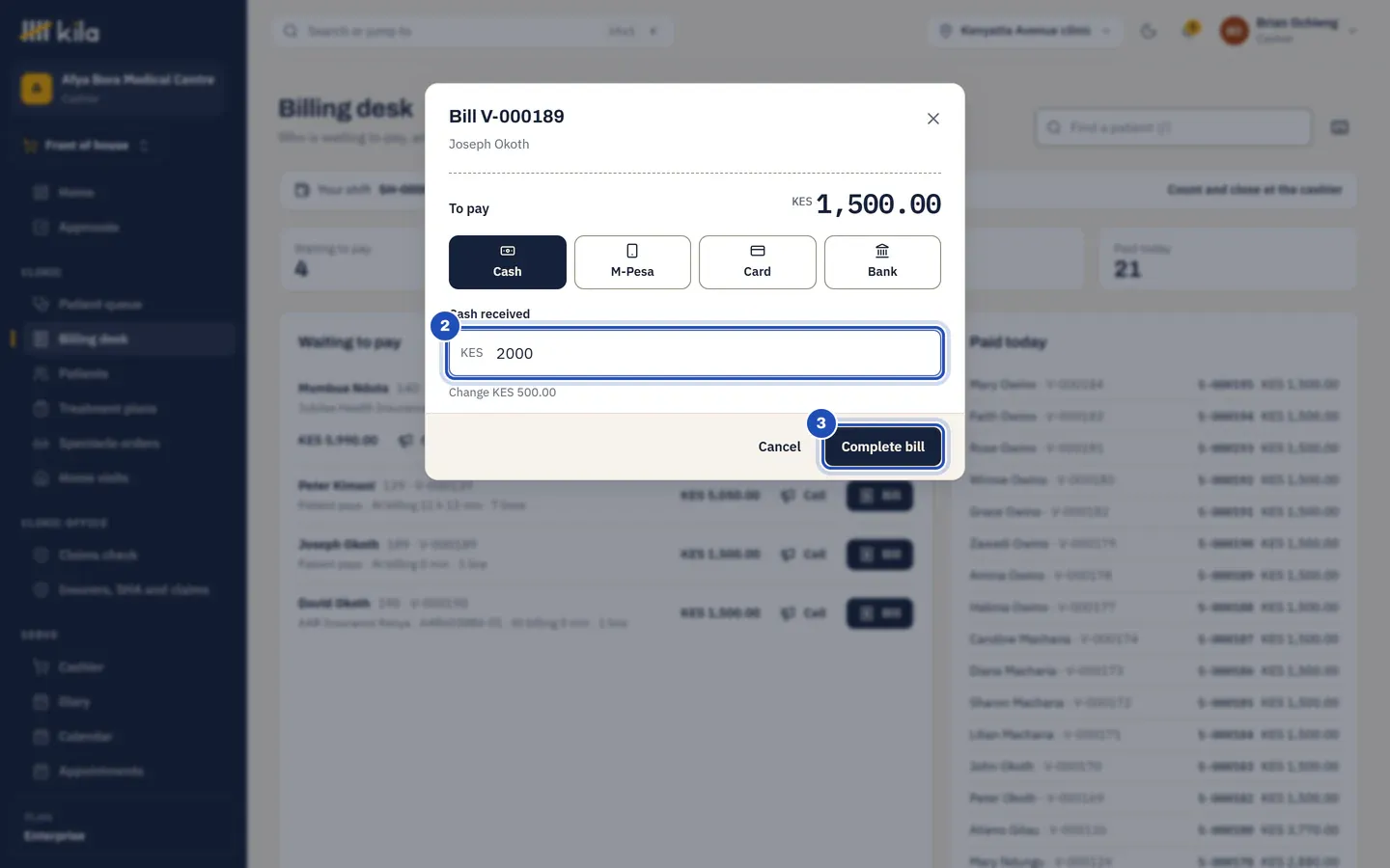 The bill for KES 1,500.00 paid in cash: Cash received KES 2,000 (2) with Change KES 500.00, and Complete bill (3).