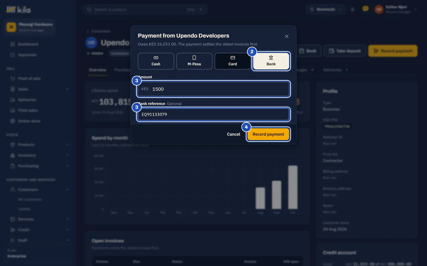 Payment from Upendo Developers, with what it owes. Bank is chosen (2), KES 1,500 and the bank reference are typed (3), and Record payment is marked 4.
