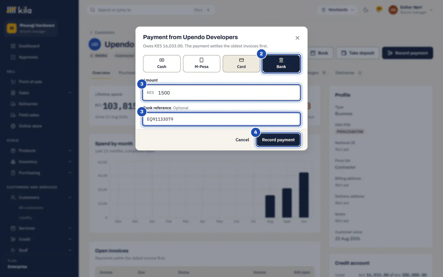 Payment from Upendo Developers, with what it owes. Bank is chosen (2), KES 1,500 and the bank reference are typed (3), and Record payment is marked 4.