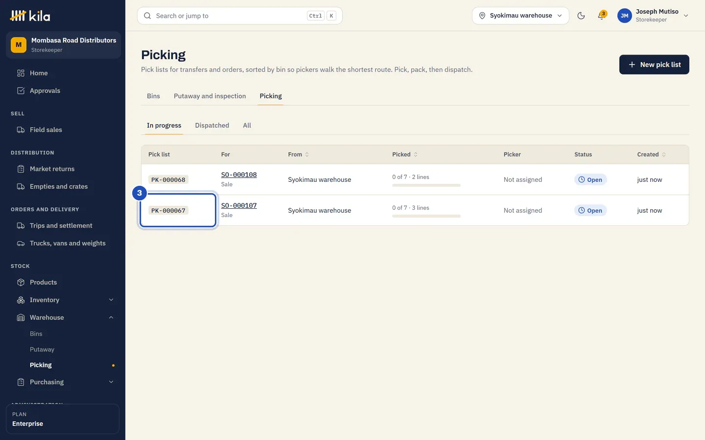 Picking, In progress: two pick lists for sales from Syokimau warehouse; the first is marked 3.