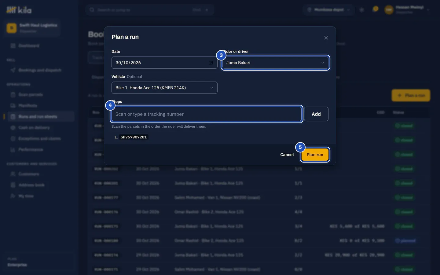 Plan a run: Juma Bakari chosen as the rider (3) on Bike 1, the parcel scanned in as the first stop (4), and Plan run (5).