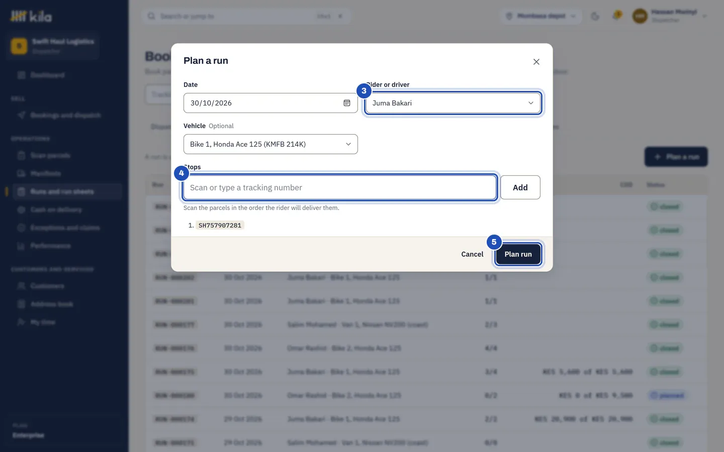Plan a run: Juma Bakari chosen as the rider (3) on Bike 1, the parcel scanned in as the first stop (4), and Plan run (5).