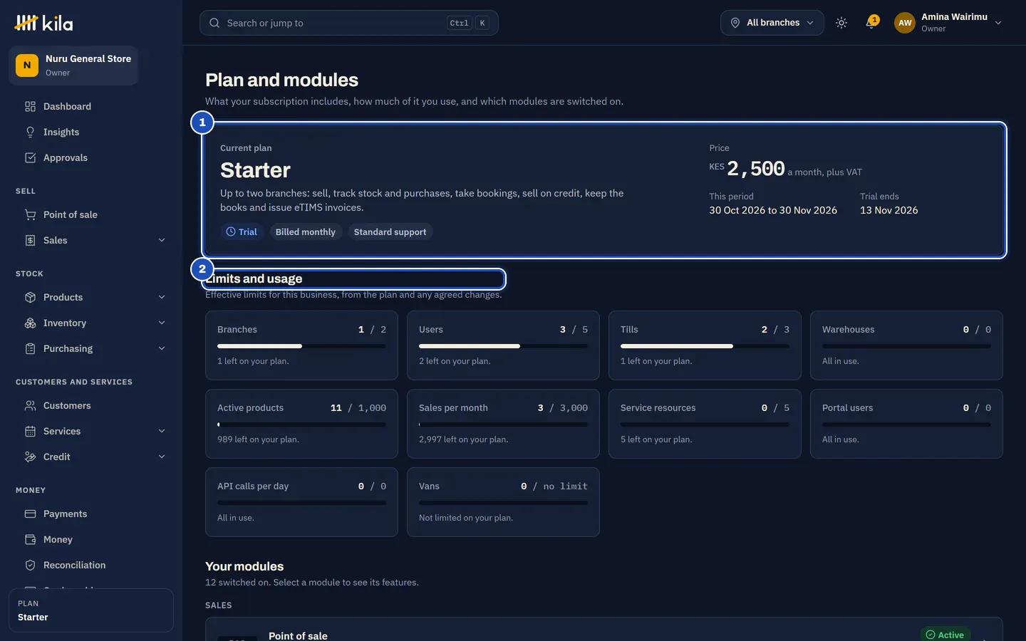 Plan and modules: Current plan Starter, on Trial, billed monthly, KES 2,500 a month plus VAT, with the trial end date (1), and Limits and usage (2): branches, users, tills, products and sales per month against the plan's limits.