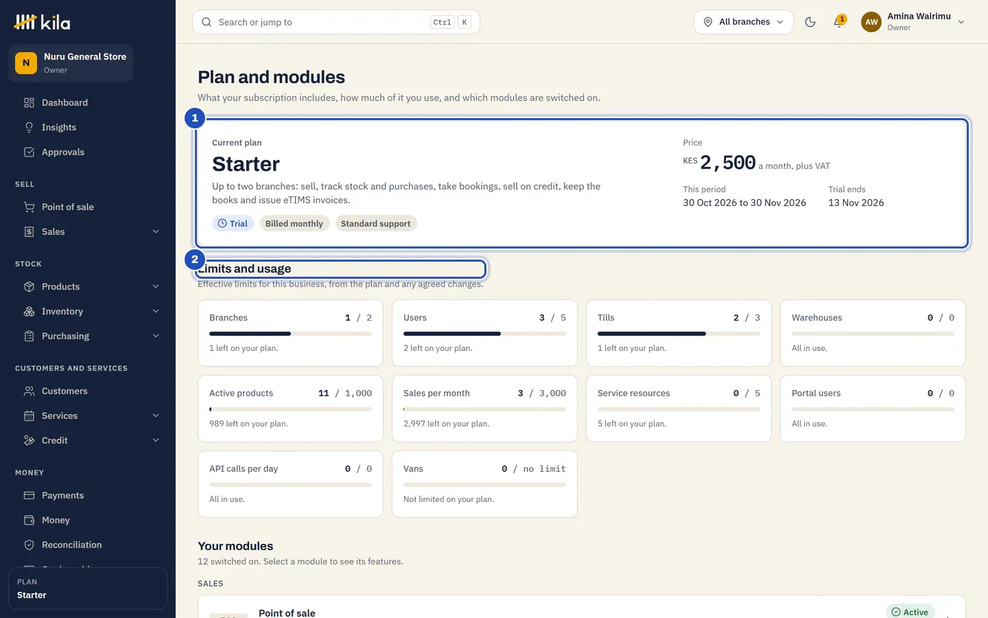 Plan and modules: Current plan Starter, on Trial, billed monthly, KES 2,500 a month plus VAT, with the trial end date (1), and Limits and usage (2): branches, users, tills, products and sales per month against the plan's limits.
