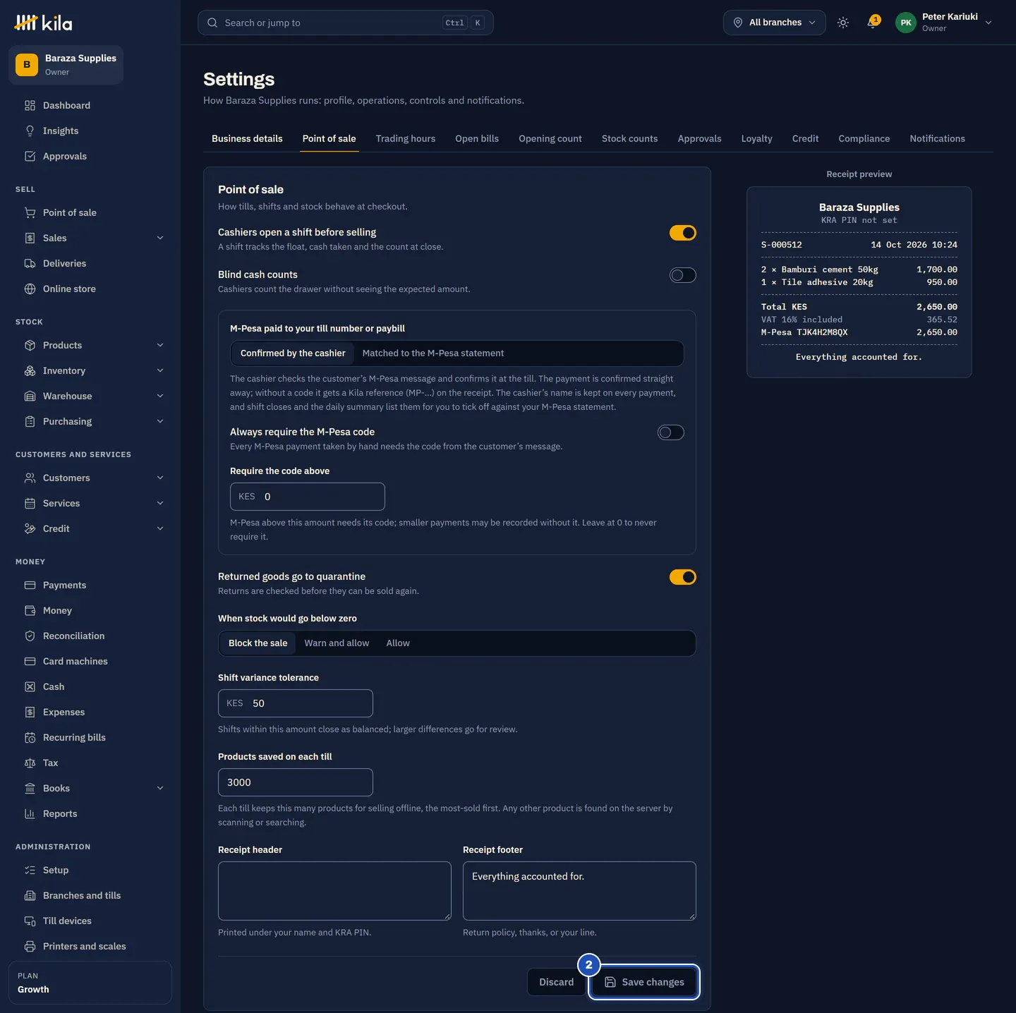 The Point of sale tab: cashiers open a shift before selling, blind cash counts, M-Pesa codes, returned goods to quarantine, stock below zero and the shift variance tolerance, with Save changes marked 2.