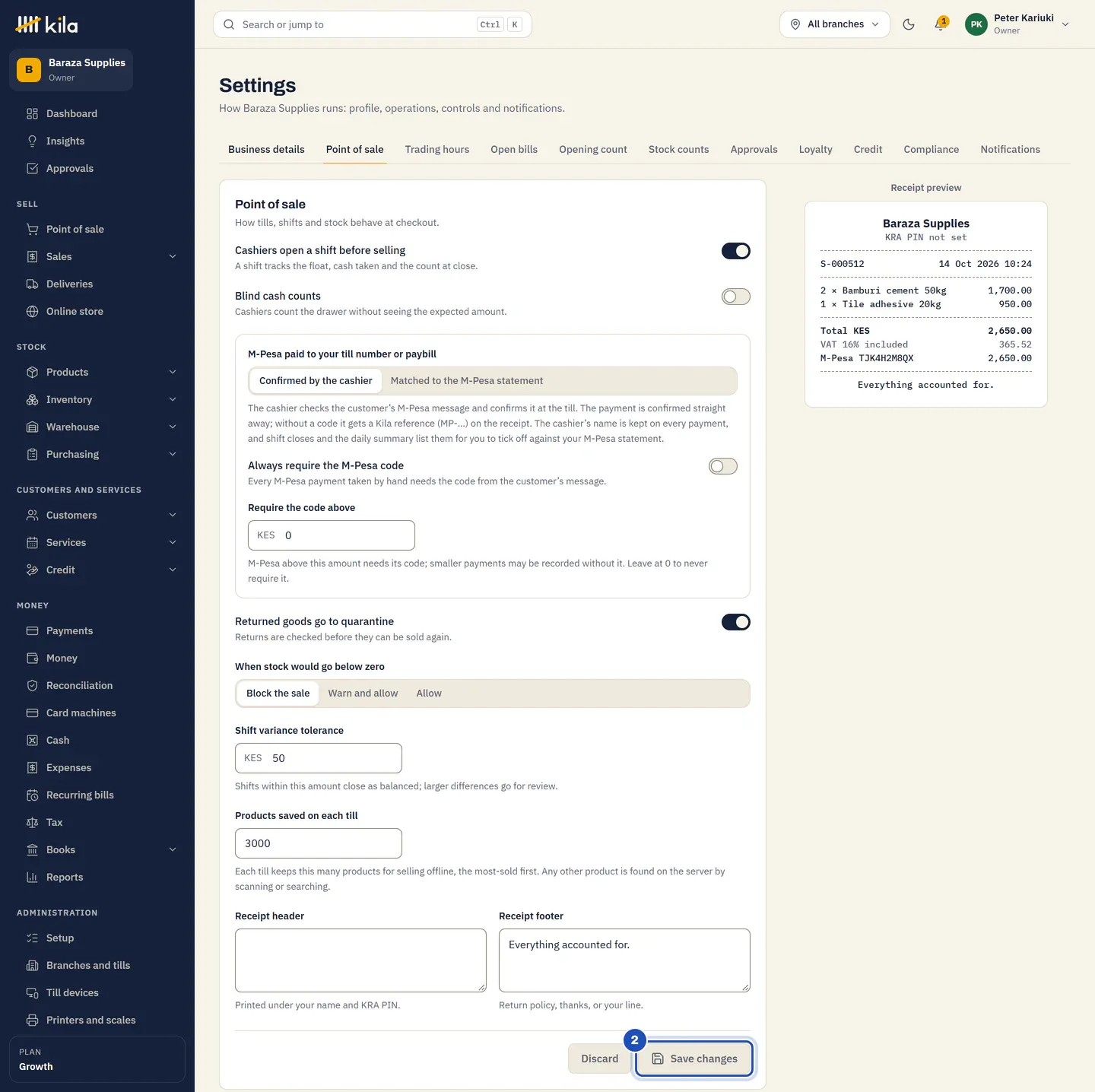 The Point of sale tab: cashiers open a shift before selling, blind cash counts, M-Pesa codes, returned goods to quarantine, stock below zero and the shift variance tolerance, with Save changes marked 2.