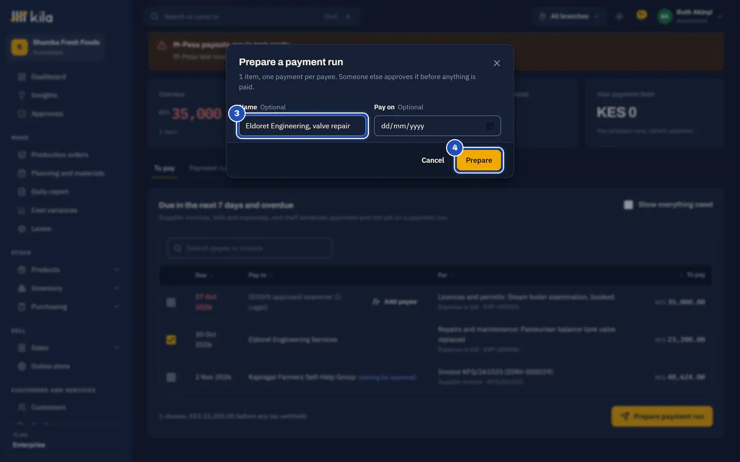 Prepare a payment run: the name (3) and Prepare (4).