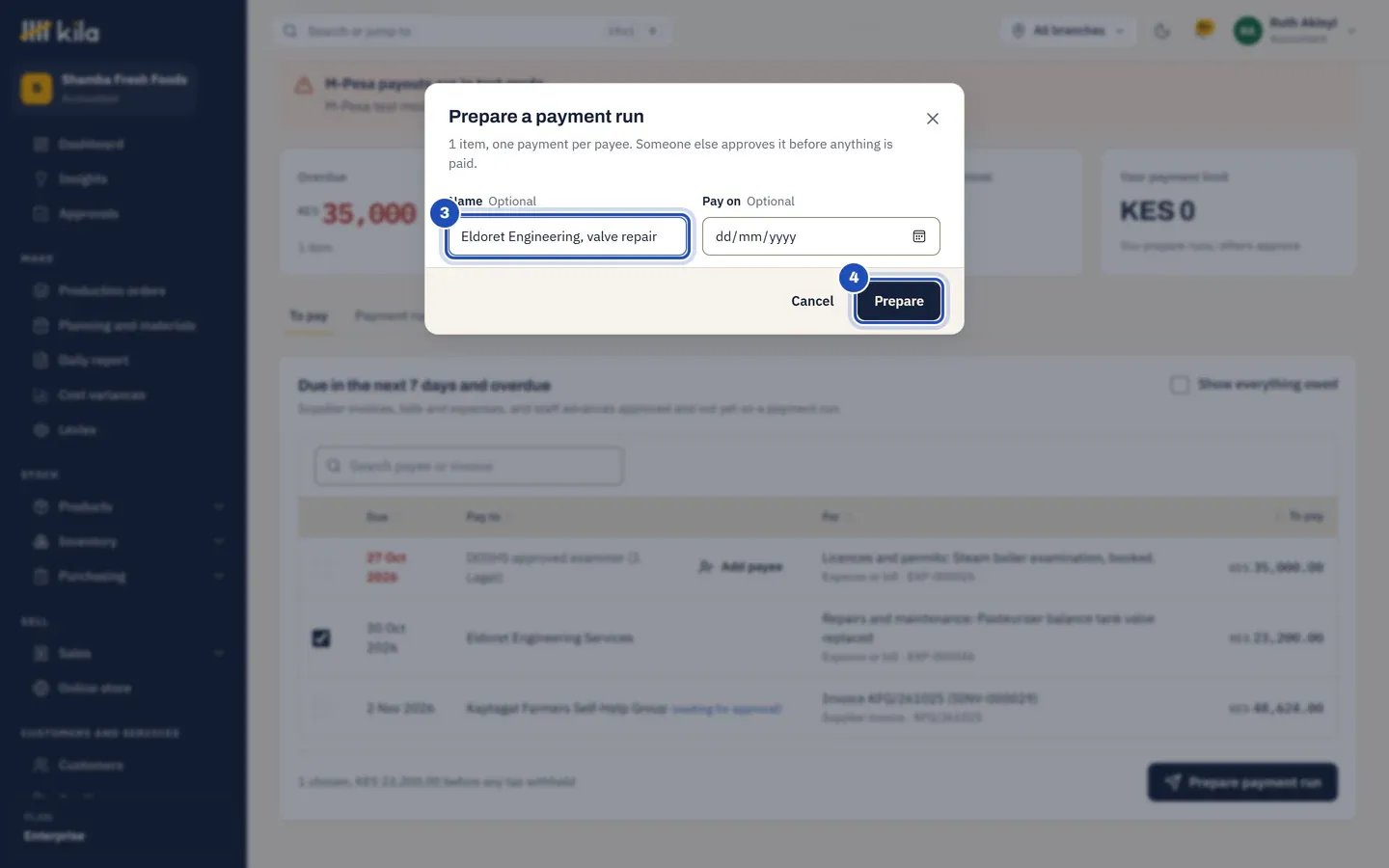 Prepare a payment run: the name (3) and Prepare (4).