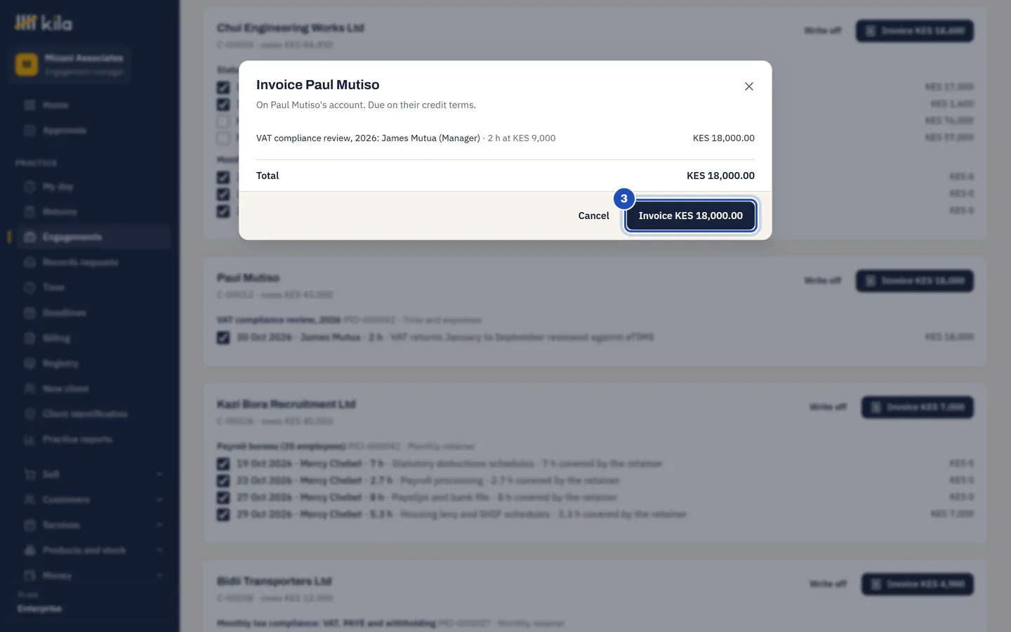 The preview Invoice Paul Mutiso: one line for 2 hours of James Mutua as manager at KES 9,000, a total of KES 18,000.00, and the button Invoice KES 18,000.00 (3).