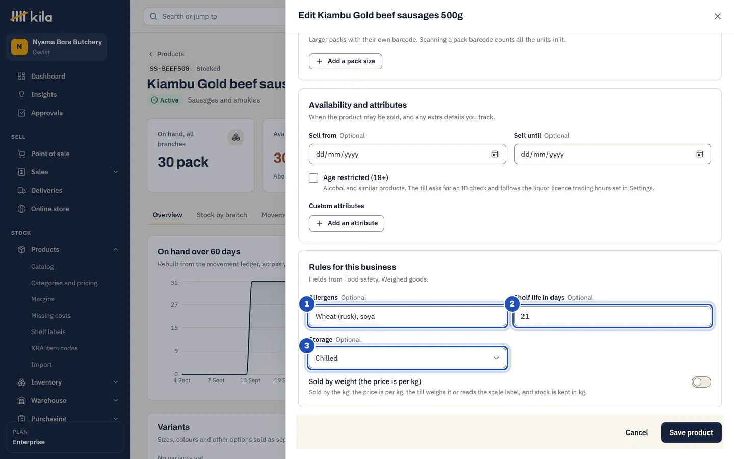 Edit Kiambu Gold beef sausages 500g, Rules for this business: Allergens Wheat (rusk), soya (1), Shelf life in days 21 (2) and Storage Chilled (3).