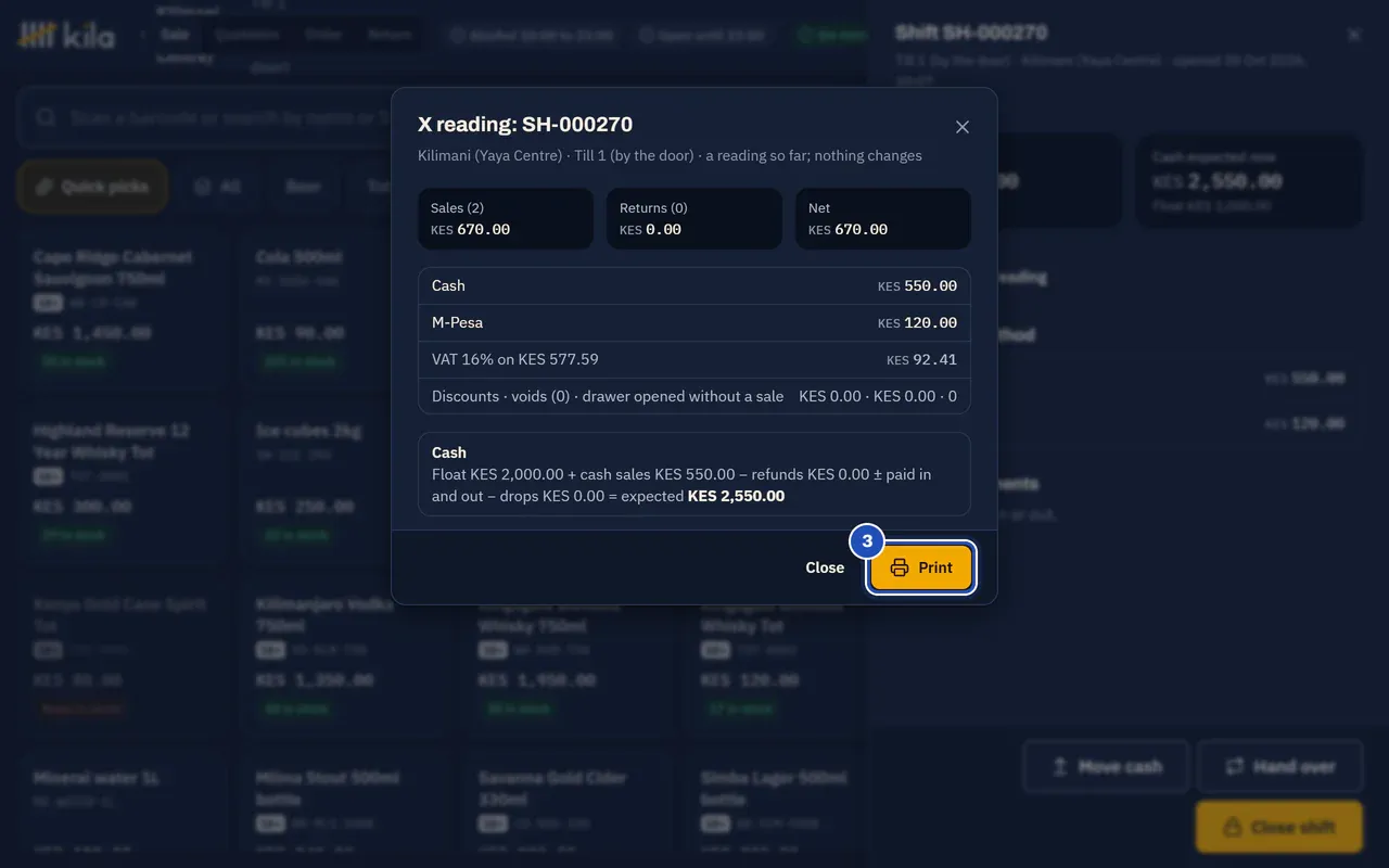 X reading of a shift: Sales (2) KES 670.00, Returns (0) KES 0.00 and Net KES 670.00, then Cash KES 550.00, M-Pesa KES 120.00 and the VAT, and the cash: float KES 2,000.00 plus cash sales KES 550.00 is KES 2,550.00 expected. Print is marked 3.