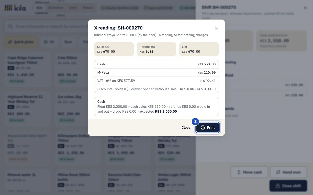 X reading of a shift: Sales (2) KES 670.00, Returns (0) KES 0.00 and Net KES 670.00, then Cash KES 550.00, M-Pesa KES 120.00 and the VAT, and the cash: float KES 2,000.00 plus cash sales KES 550.00 is KES 2,550.00 expected. Print is marked 3.