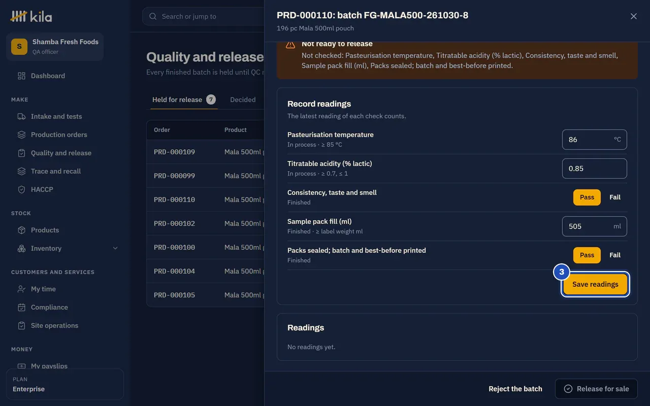 A held batch of Mala 500ml pouch: Record readings, with each check's reading typed or passed, and Save readings (3).
