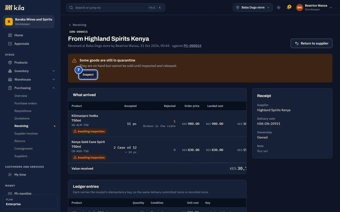 GRN-000015 from Highland Spirits Kenya, received at Baba Dogo store by Beatrice Wanza against PO-000024: some goods are still in quarantine, with Inspect (7). 11 vodka accepted and 1 rejected, broken in the crate; 2 cases of Kenya Gold; both awaiting inspection.