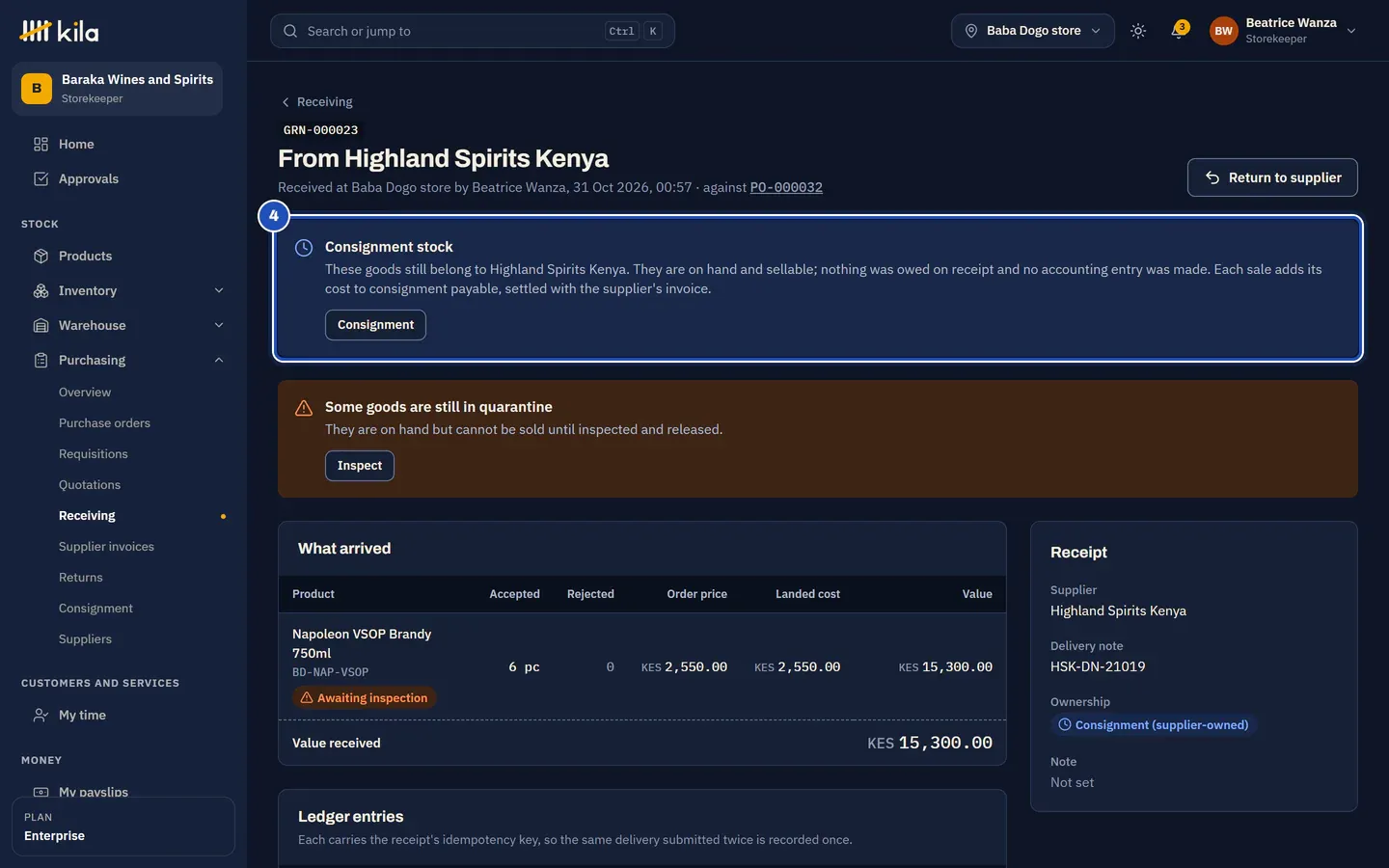 The receipt from Highland Spirits Kenya: Consignment stock (4), these goods still belong to Highland Spirits Kenya. Ownership: Consignment (supplier-owned).