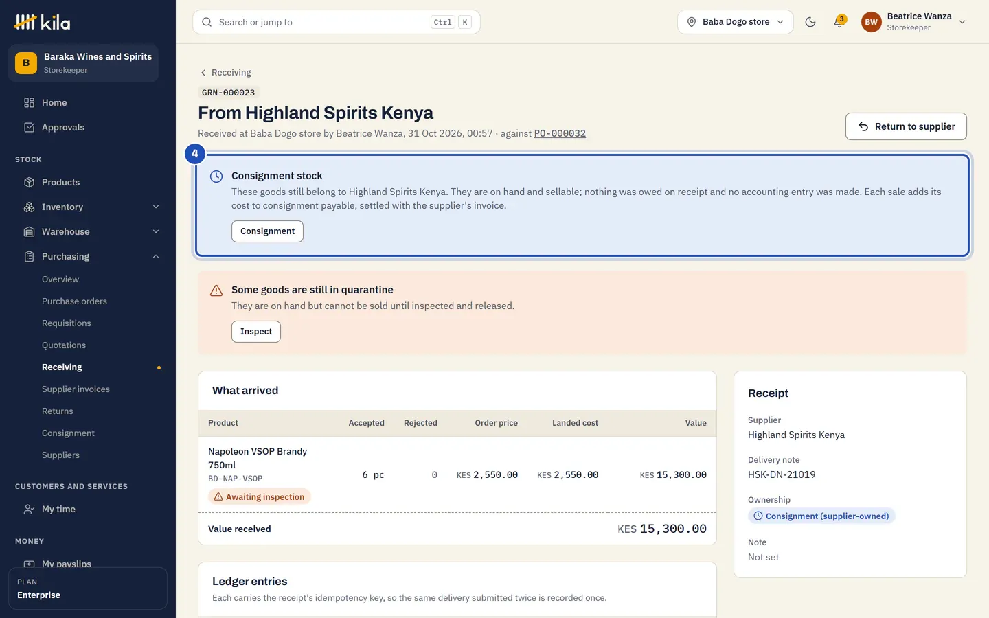The receipt from Highland Spirits Kenya: Consignment stock (4), these goods still belong to Highland Spirits Kenya. Ownership: Consignment (supplier-owned).