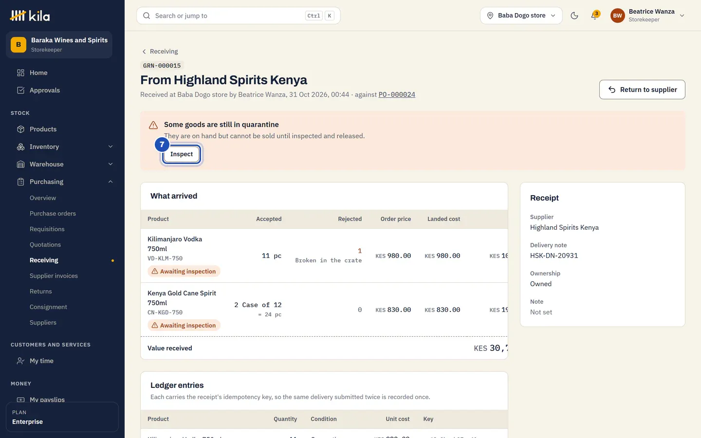 GRN-000015 from Highland Spirits Kenya, received at Baba Dogo store by Beatrice Wanza against PO-000024: some goods are still in quarantine, with Inspect (7). 11 vodka accepted and 1 rejected, broken in the crate; 2 cases of Kenya Gold; both awaiting inspection.