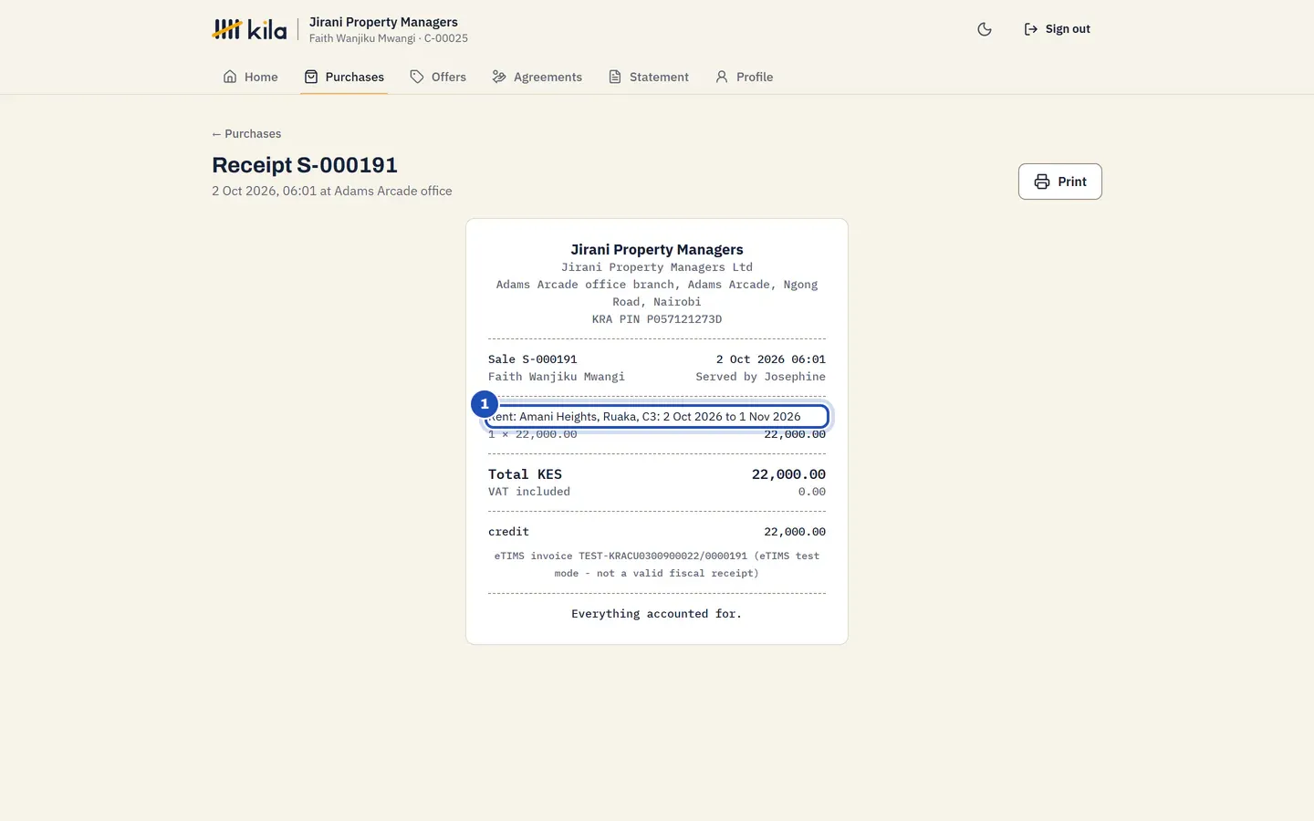 A rent receipt: Rent for Amani Heights, Ruaka, C3 for one month (1), with the total and its eTIMS invoice line.