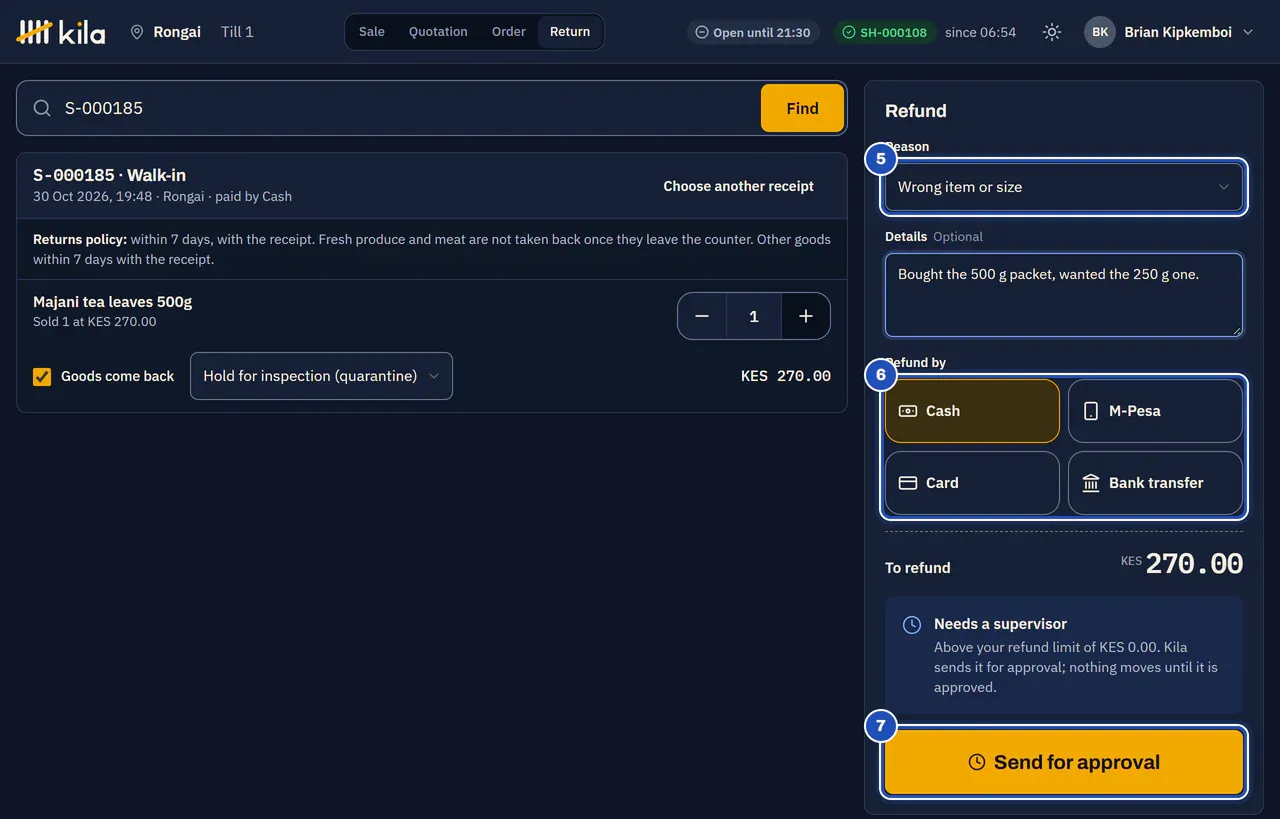 The Refund panel: reason Wrong item or size (5), details, refund by Cash (6), KES 270.00 to refund, Needs a supervisor, and Send for approval (7).