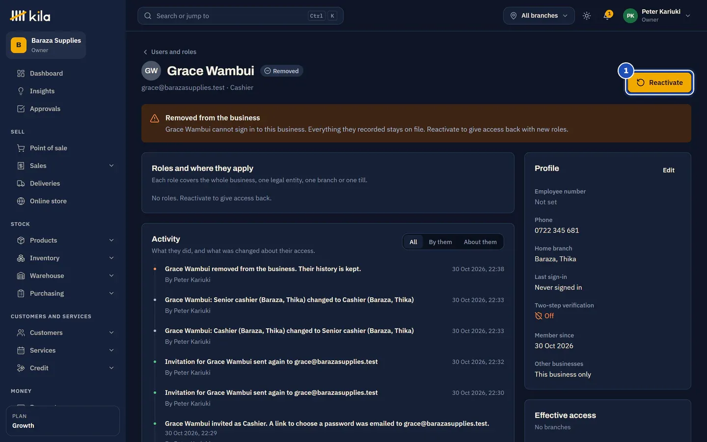 Grace Wambui's profile marked Removed: she cannot sign in, everything she recorded stays on file, and her activity shows who removed her and when. Reactivate is marked 1.