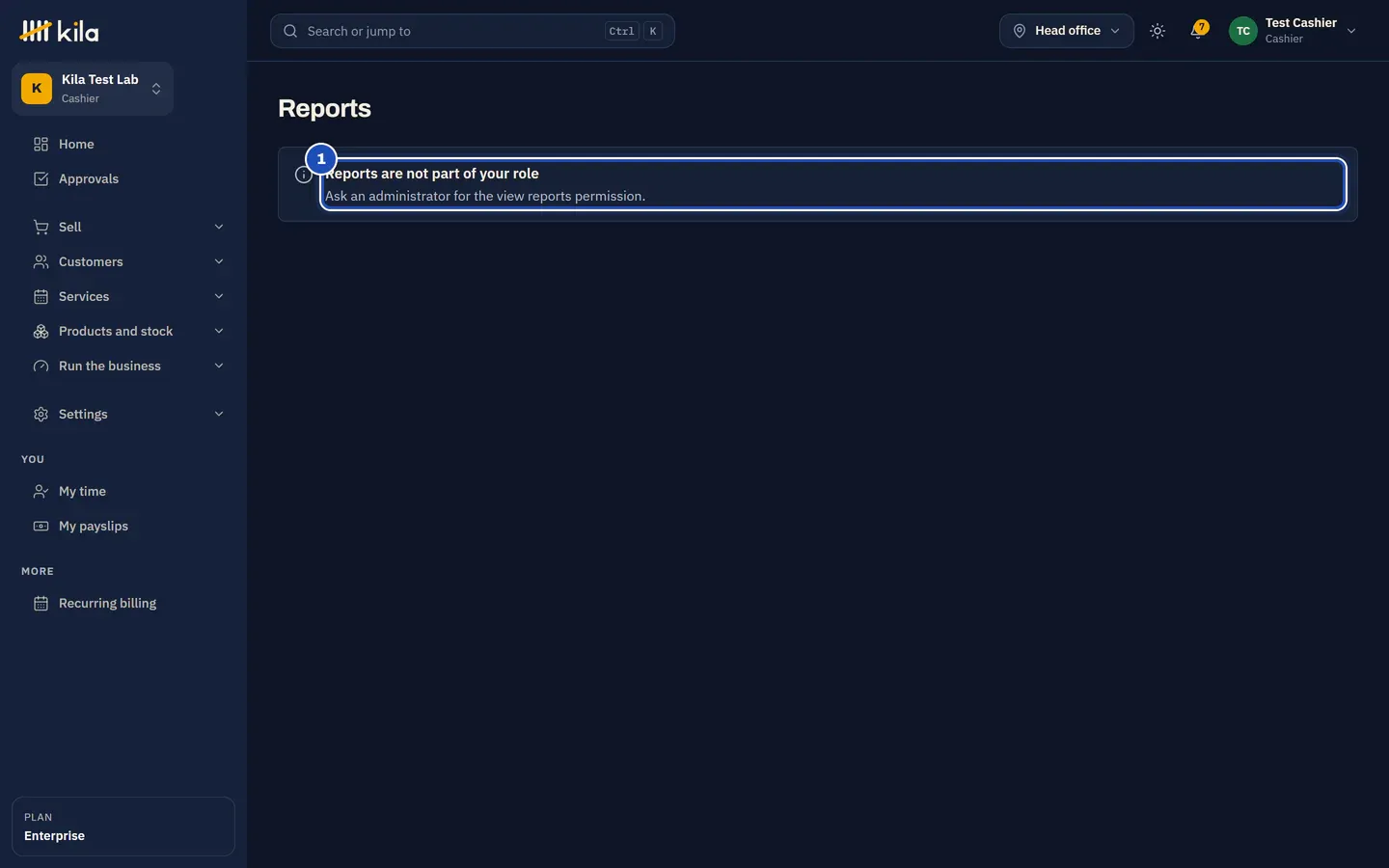 Test Cashier opening Reports: Reports are not part of your role. Ask an administrator for the view reports permission (1).