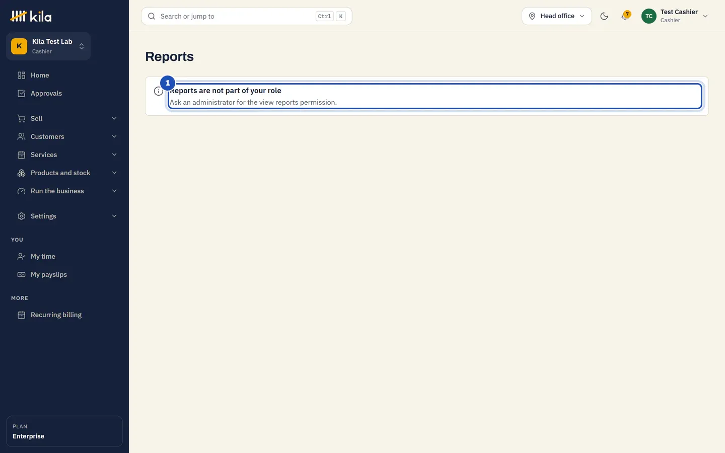 Test Cashier opening Reports: Reports are not part of your role. Ask an administrator for the view reports permission (1).