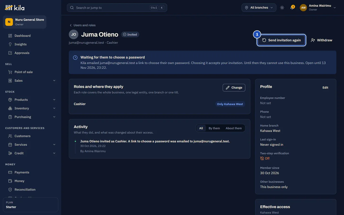 Juma Otieno's page under Users and roles: Invited, Waiting for them to choose a password, and Send invitation again marked 1.
