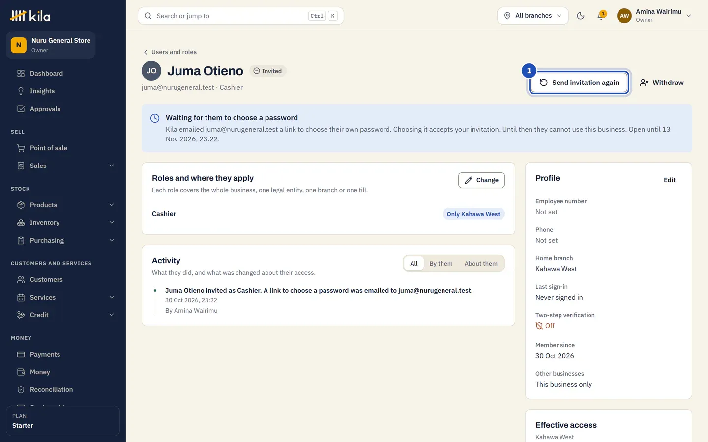 Juma Otieno's page under Users and roles: Invited, Waiting for them to choose a password, and Send invitation again marked 1.