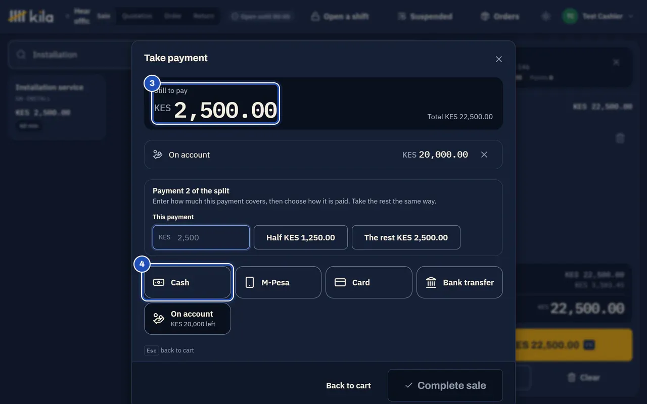 After KES 20,000.00 on account: Still to pay KES 2,500.00 (3), to take by cash or another method (4).