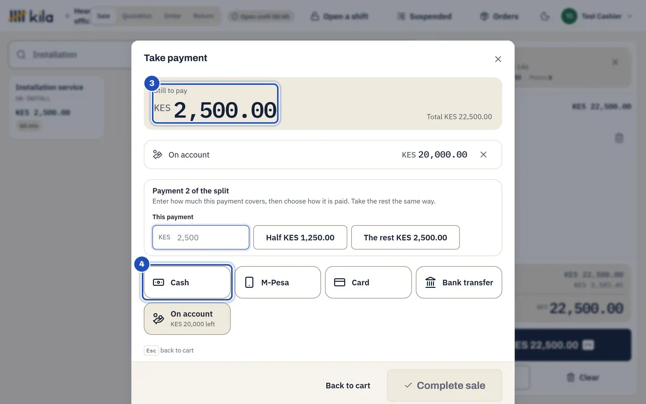 After KES 20,000.00 on account: Still to pay KES 2,500.00 (3), to take by cash or another method (4).