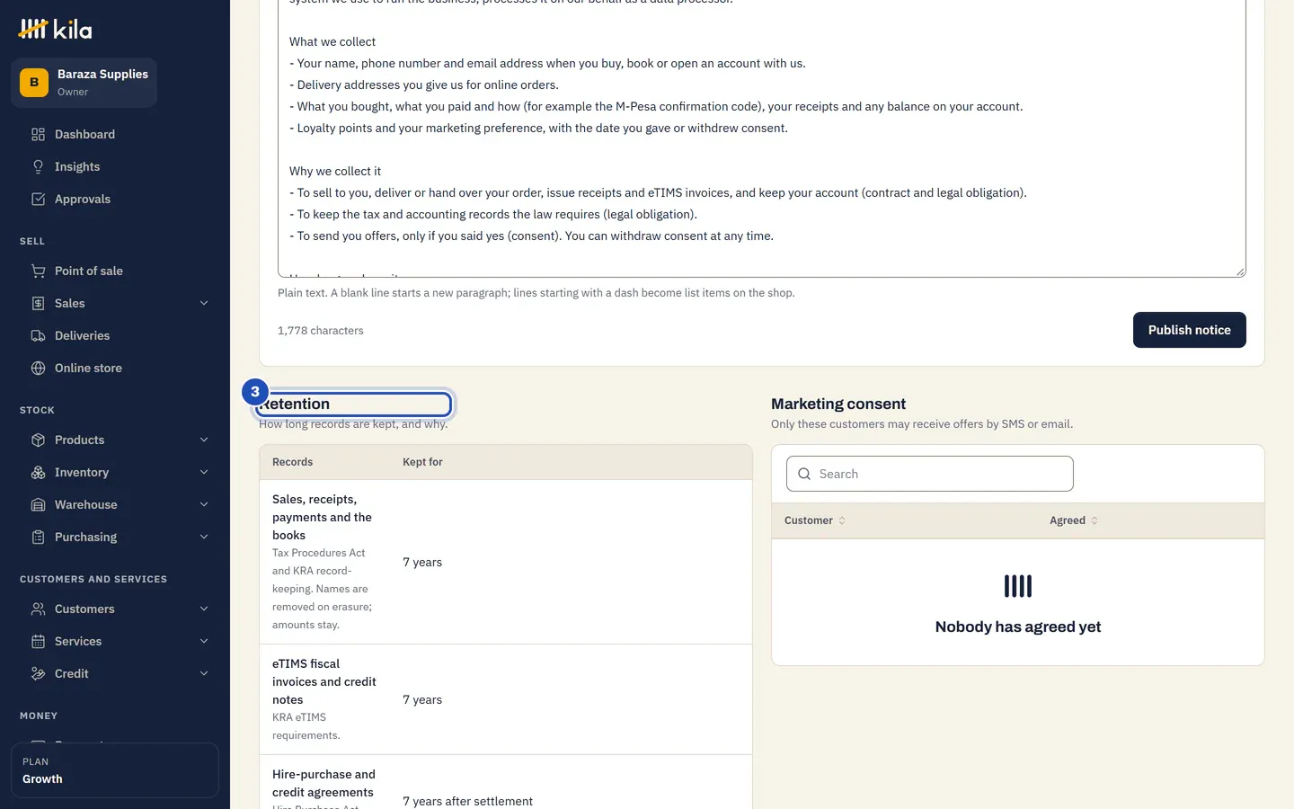 Retention (3): sales, receipts, payments and the books, eTIMS invoices, stock and the audit log kept 7 years, agreements 7 years after settlement, customer contact details until erasure or 3 years without buying, and 90 days to export after closing.