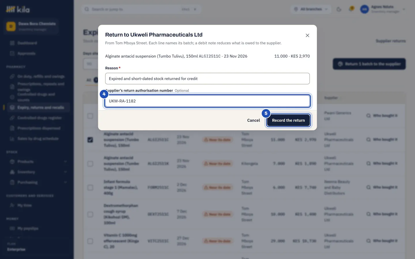 Return to Ukweli Pharmaceuticals Ltd: the alginate antacid batch, the reason Expired and short-dated stock returned for credit, the supplier's return authorisation number UKW-RA-1182 (4) and Record the return (5).