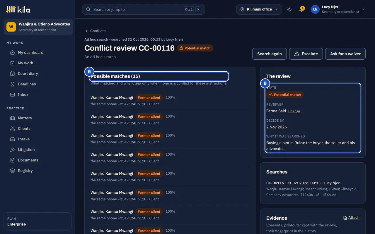 Conflict review CC-00099, a potential match: three possible matches on the enquiry ENQ-00001, each with what matched (5), and the review's state, reviewer and decide-by date (6).