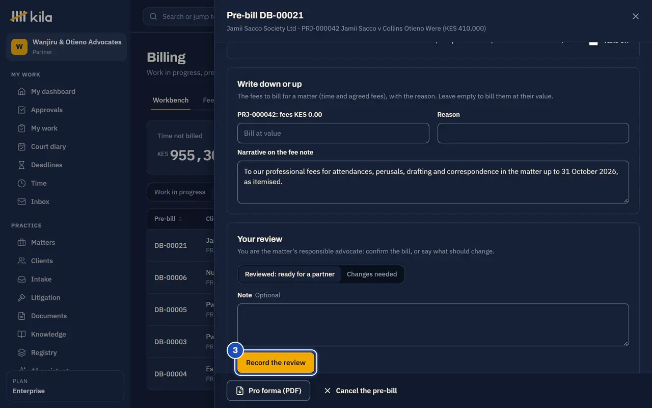 Pre-bill DB-00014 for KES 1,500.00 to review: Your review, with Reviewed: ready for a partner chosen and Record the review (3).