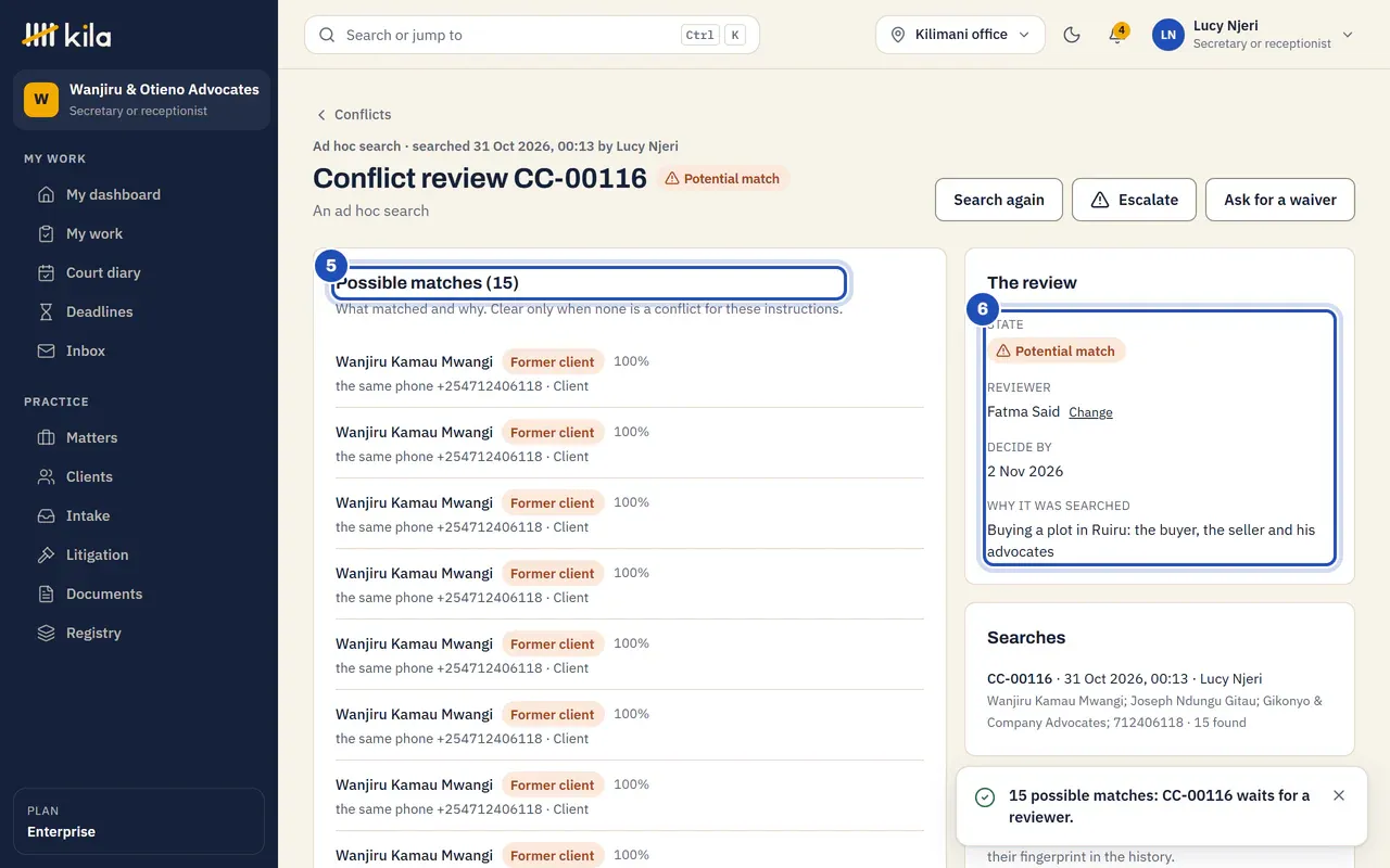 Conflict review CC-00099, a potential match: three possible matches on the enquiry ENQ-00001, each with what matched (5), and the review's state, reviewer and decide-by date (6).