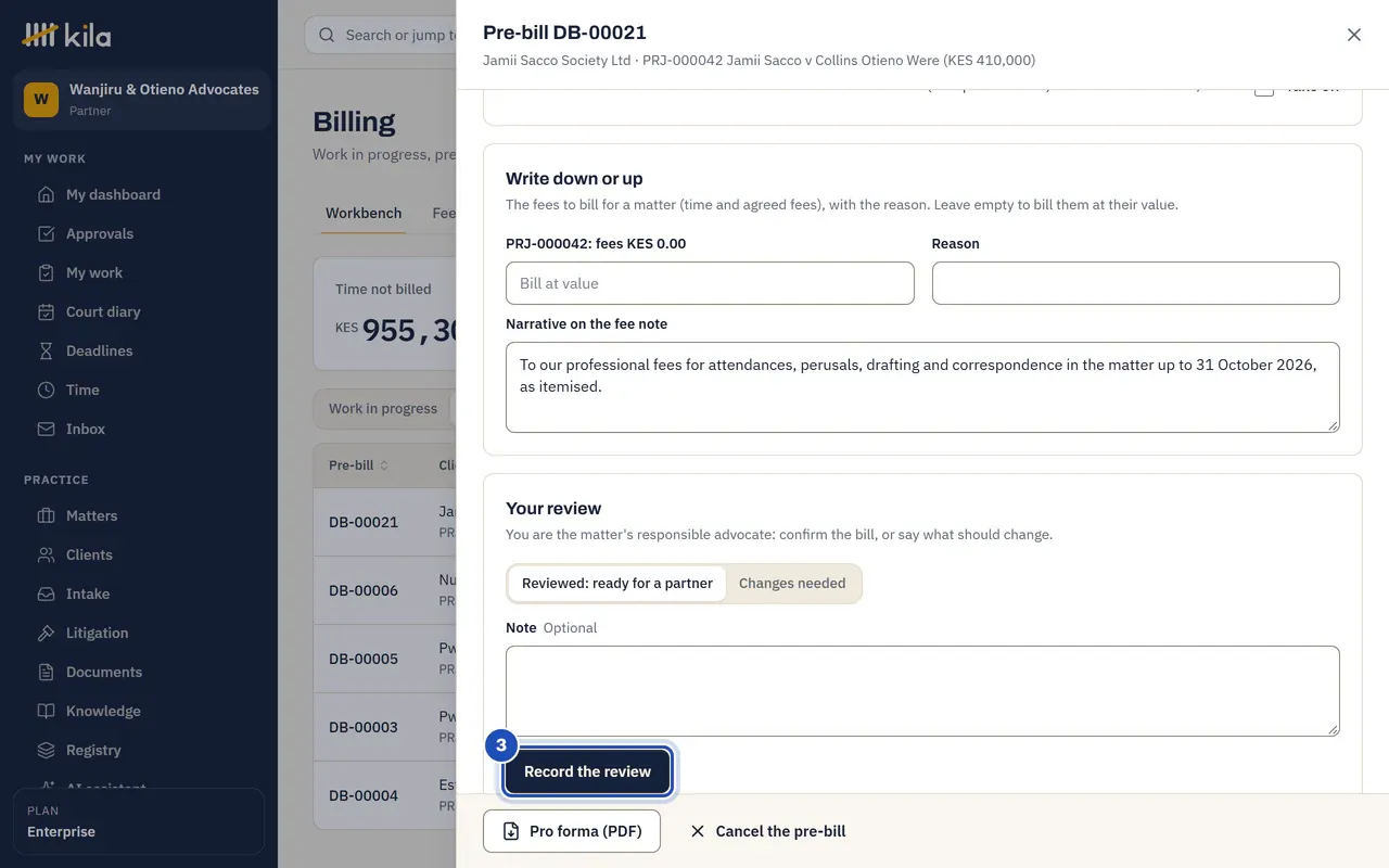 Pre-bill DB-00014 for KES 1,500.00 to review: Your review, with Reviewed: ready for a partner chosen and Record the review (3).